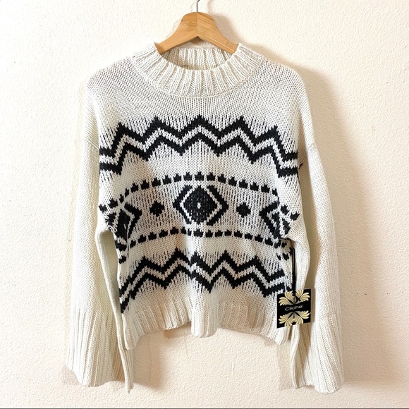 Sweaters - Cliche Boho Aztec Ivory & Black Wool Sweater M